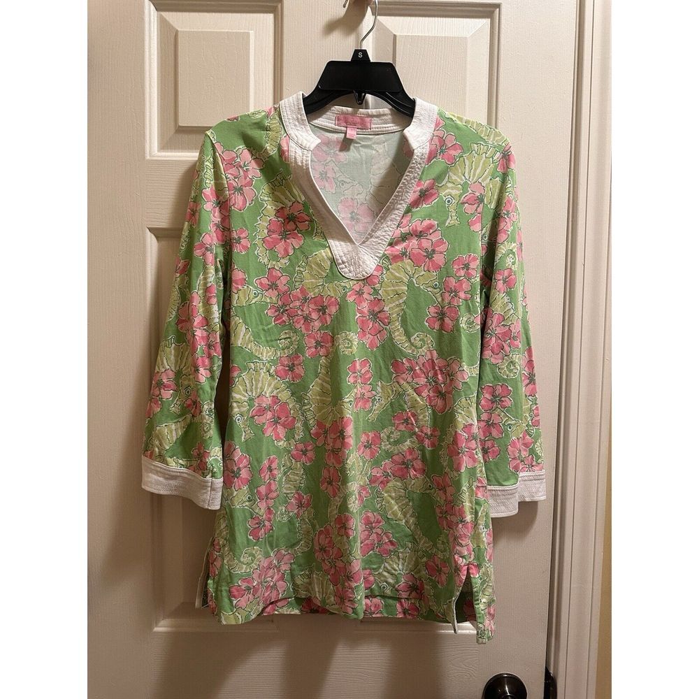 Lilly Pulitzer Joy Tunic "Limeade Floaters" Seahorse Pink Green Top Small